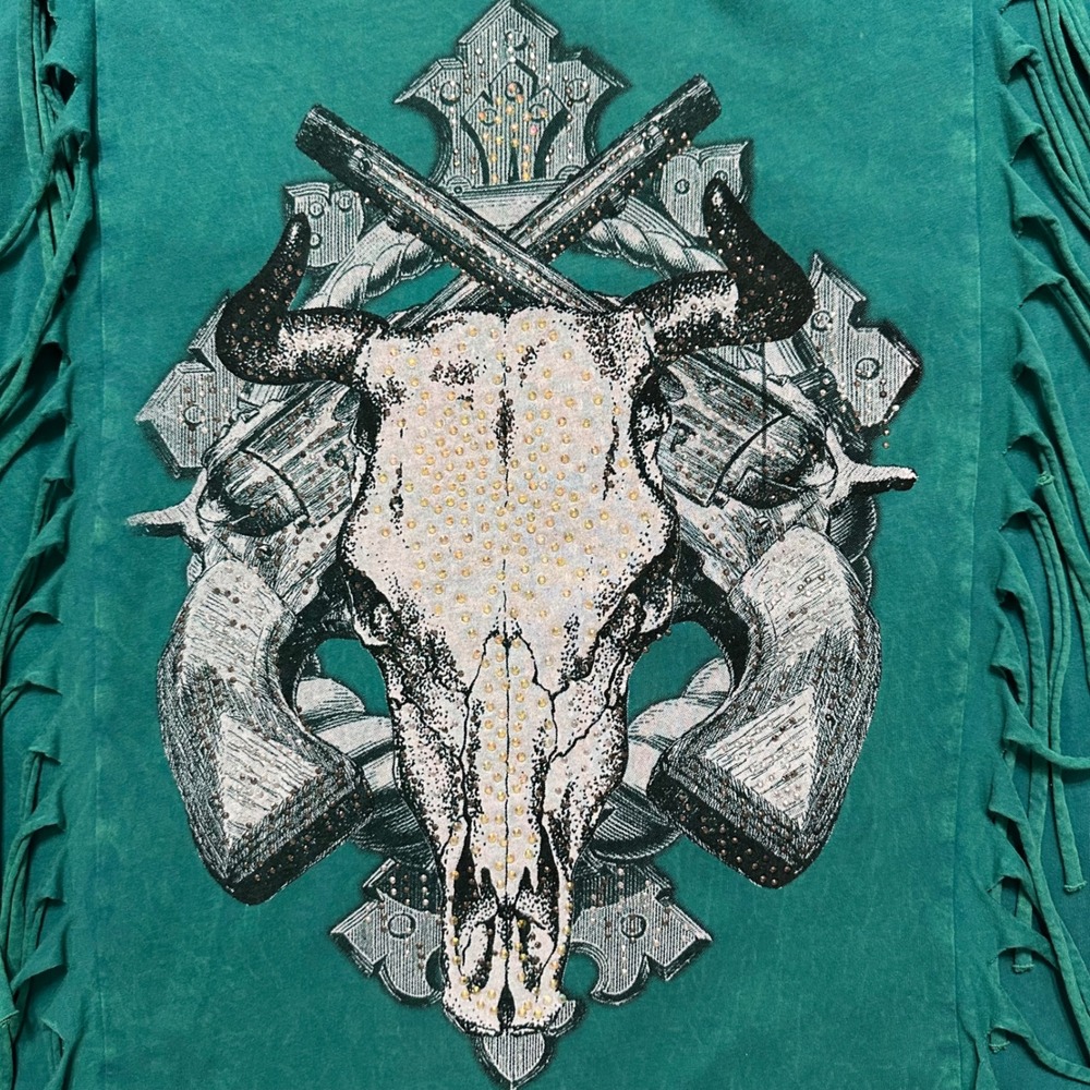 Vocal Teal Western‎ Top Long Sleeve Studded Skull Dueling Pistols Fringe Shirt L - Picture 4 of 6